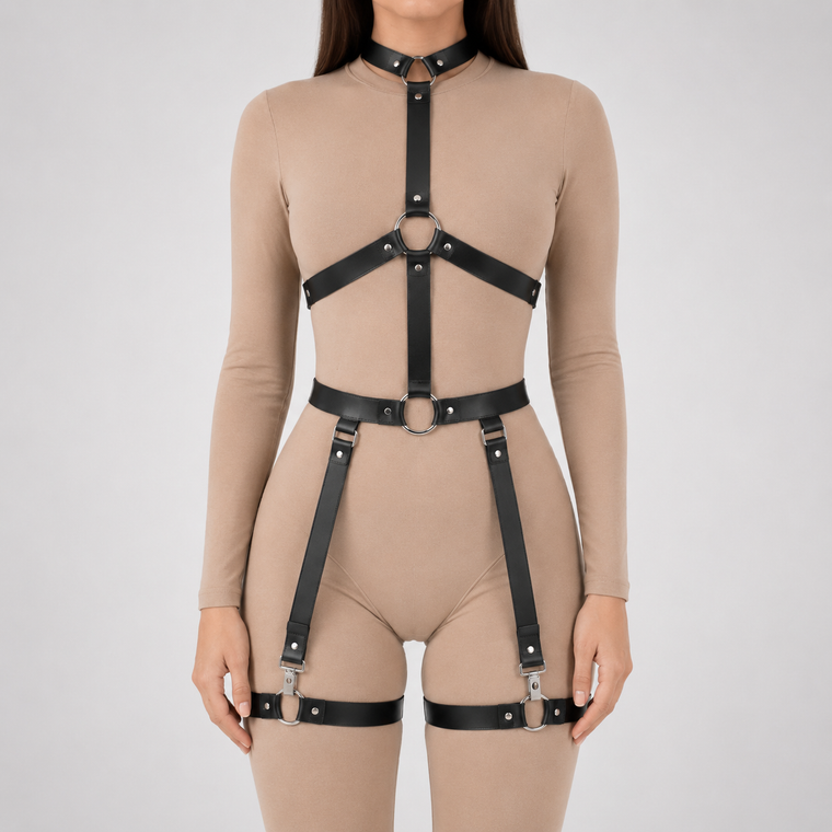 Body and thigh harness set - front view showing choker, O-ring chest frame, waist belt and clip-on garter straps to thigh bands