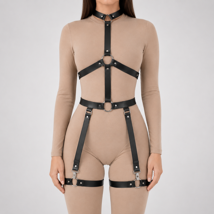 Body and thigh harness set - front view showing choker, O-ring chest frame, waist belt and clip-on garter straps to thigh bands