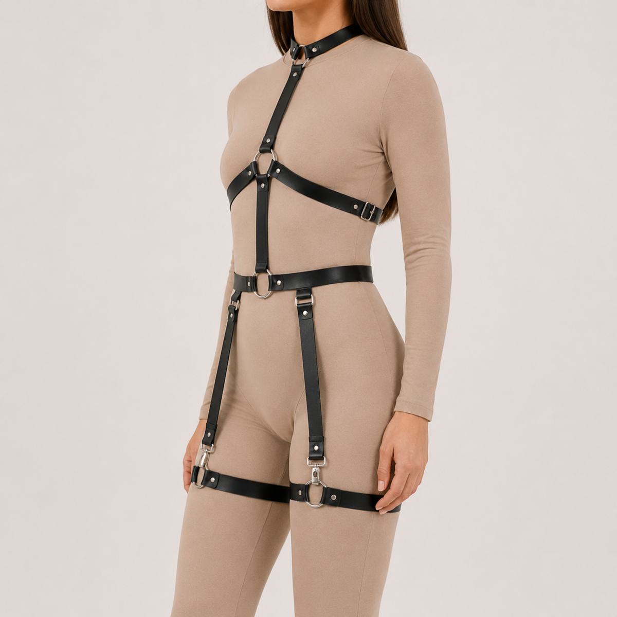Body and thigh harness set - side view with swivel clip hooks connecting garter straps to thigh bands