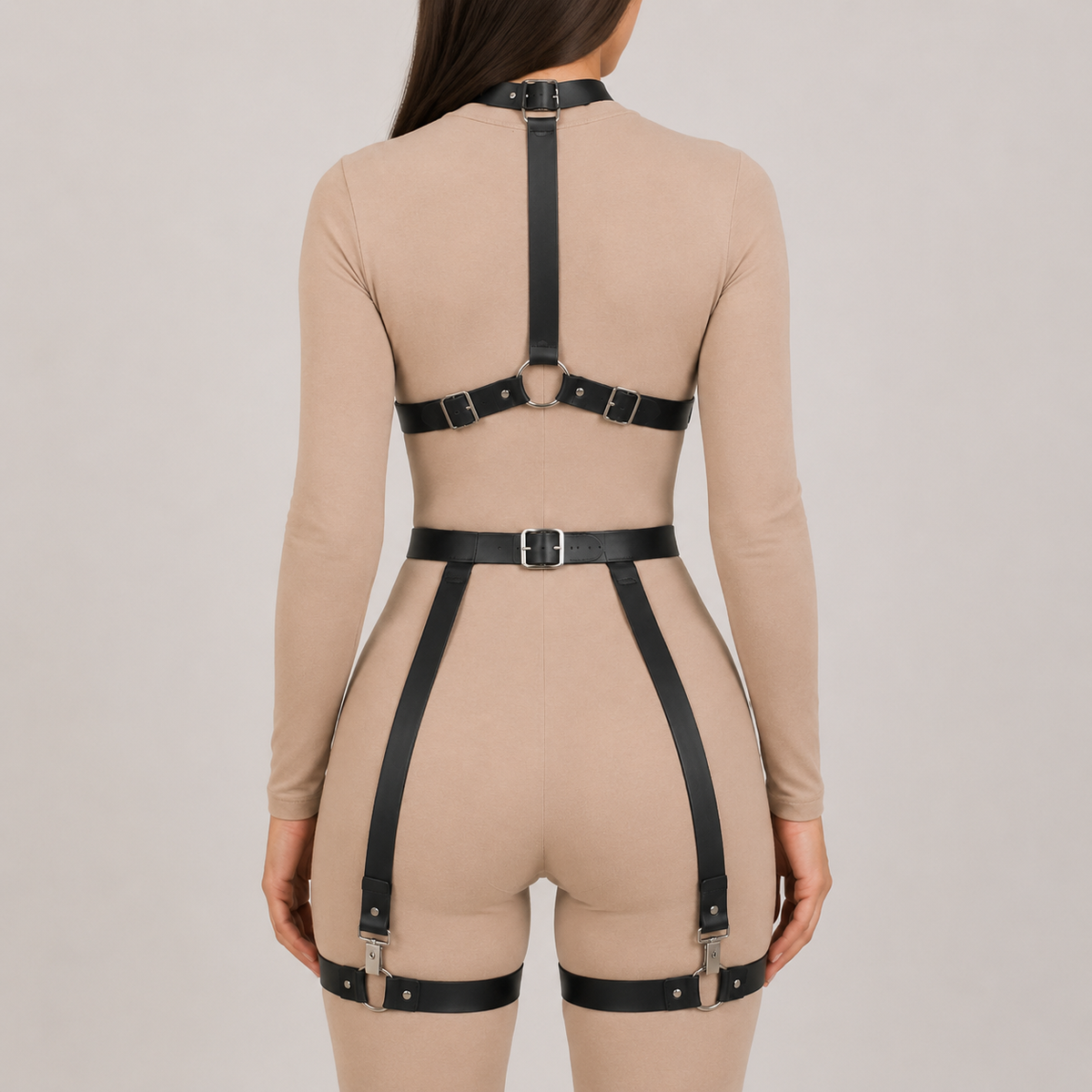 Body and thigh harness set - back view showing H-strap, center O-ring, buckled waist belt and rear garter straps