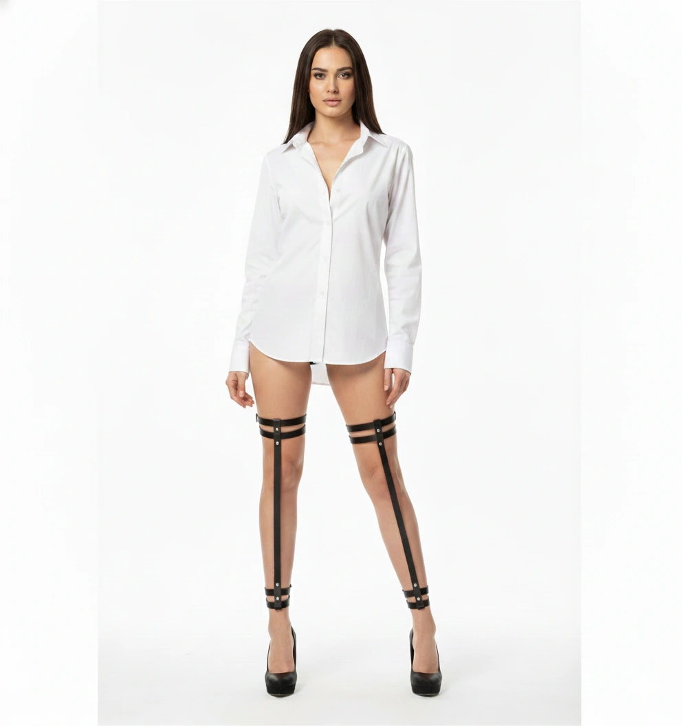 Leather Leg Garter Harness - Black Thigh to Ankle Strap Pair Alternative - front view