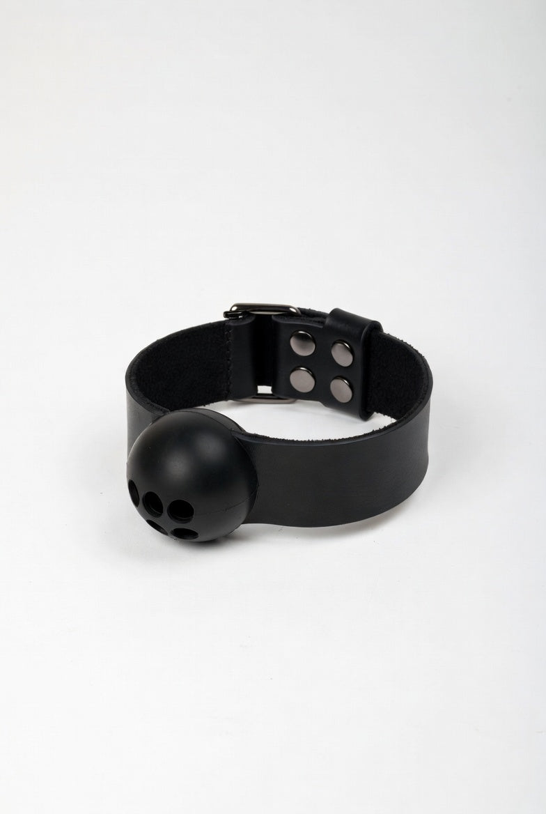 Leather strap ball gag with silicone mouth piece for BDSM play