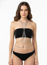 Silver-tone full body chain with layered necklace, chest connector and waist drapes, front view
