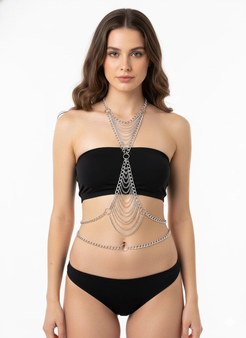 Silver-tone full body chain with layered necklace, chest connector and waist drapes, front view