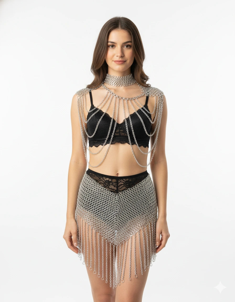 Complete chainmail set front view - Metal mesh choker, shoulder chains, and cascading fringe skirt for festivals