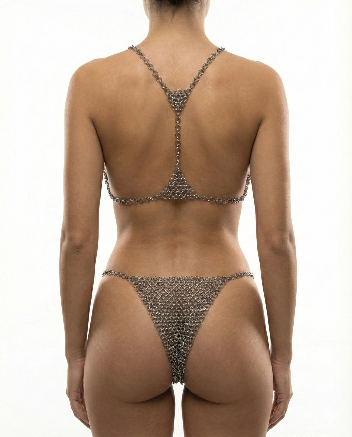 Chainmail bikini set with rear top chain and matching metal-mesh bottom, back view