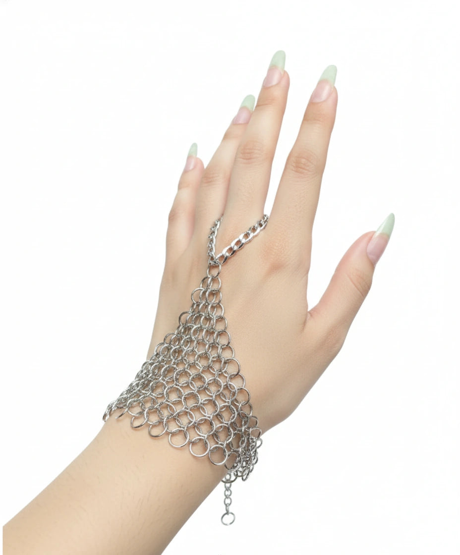 Silver-tone ring bracelet hand chain showing linked cuff, connecting chains and finger ring