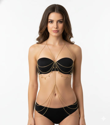 Full Body Chain Jewelry - Gold Bikini Body Chain Swimwear Harness - front view