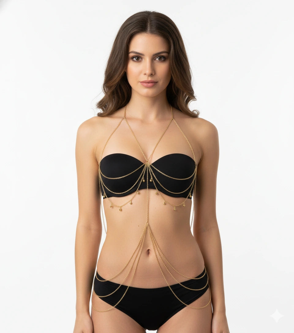 Full Body Chain Jewelry - Gold Bikini Body Chain Swimwear Harness - front view
