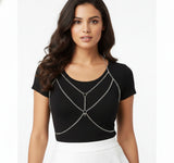 Chest Body Chain - Silver Criss-Cross Shoulder Harness Jewelry - front view