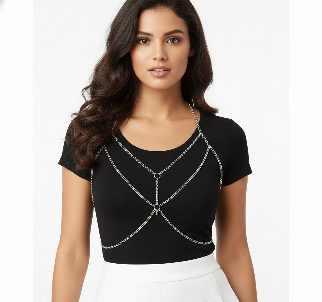 Chest Body Chain - Silver Criss-Cross Shoulder Harness Jewelry - front view