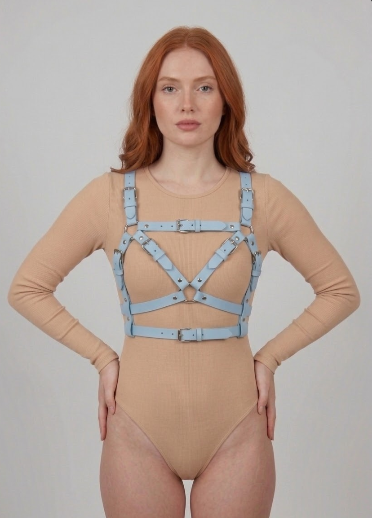 Light blue pastel leather cage strap harness for women