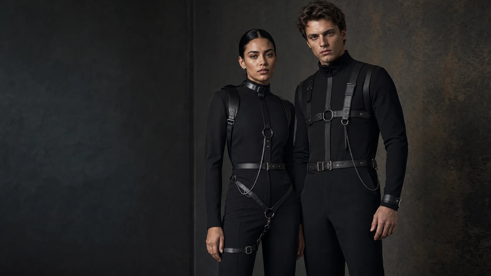 Two models styled in black faux leather harness-inspired accessories