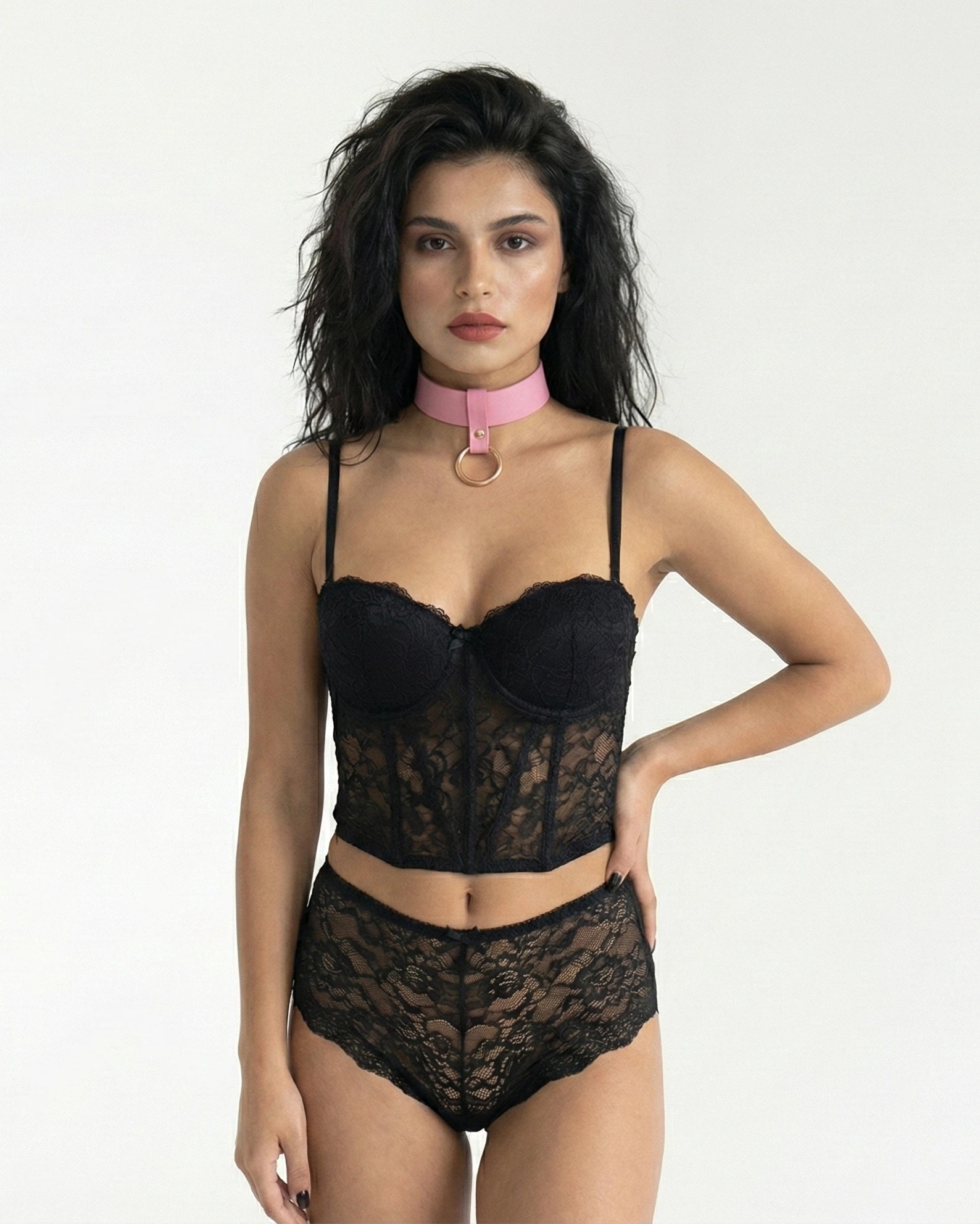 Pastel pink wide leather collar with O-ring - Front view of soft BDSM choker worn with black lace lingerie