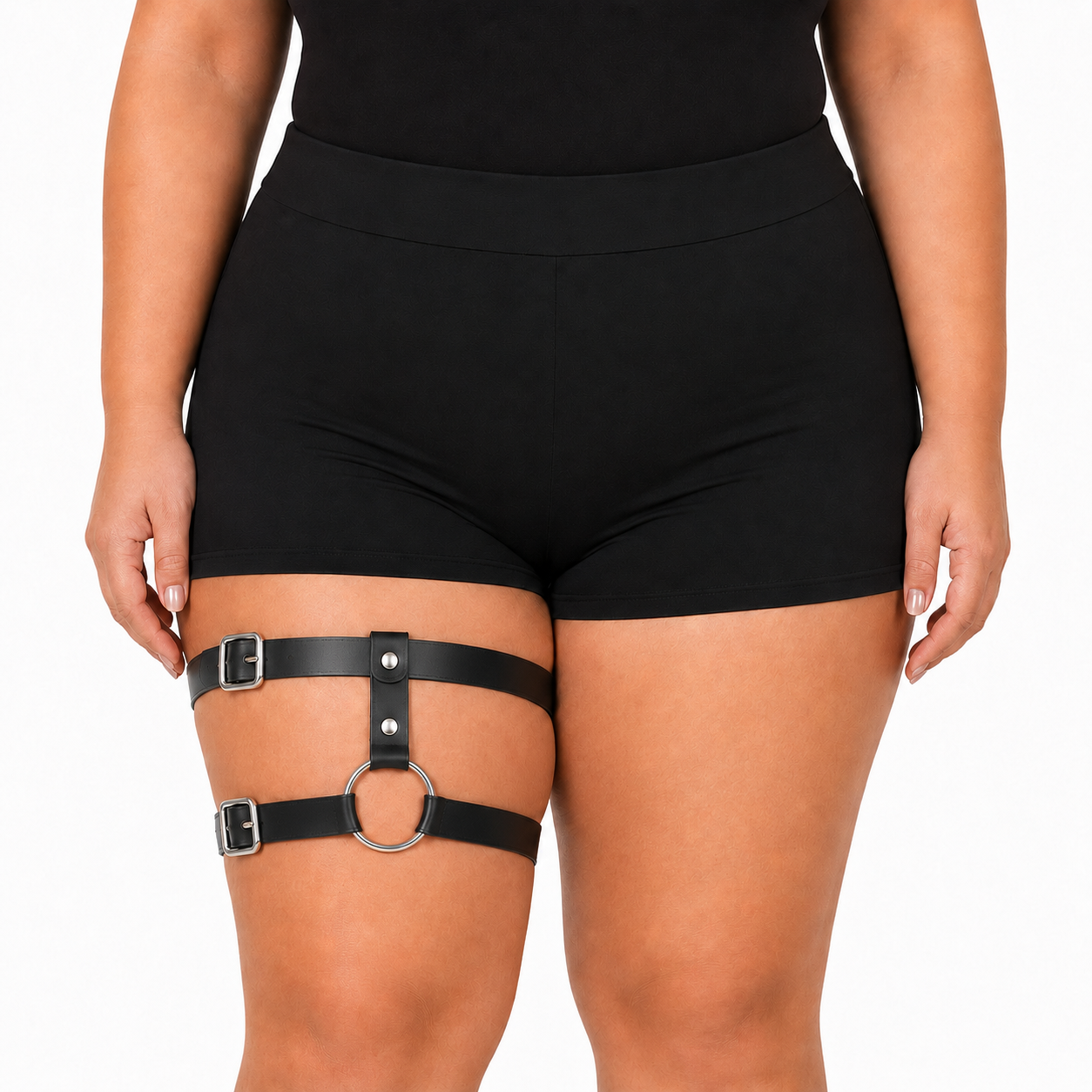 Plus size thigh harness - front view showing double adjustable straps and O-ring on curvy thigh