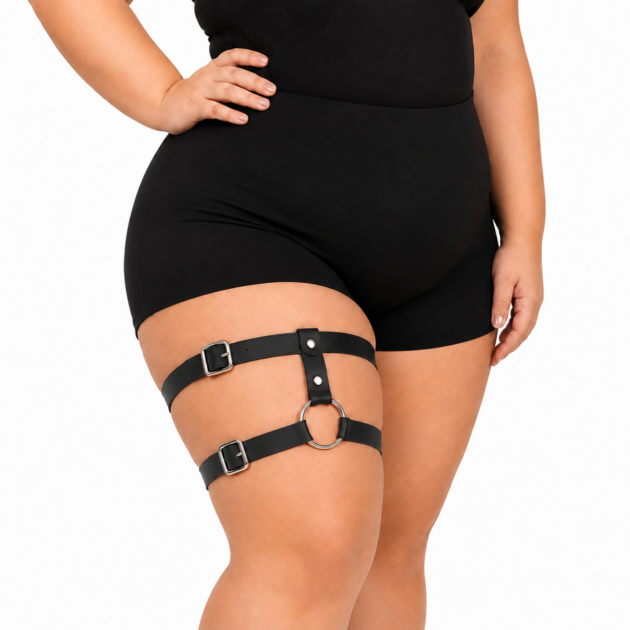 Plus size thigh harness - side view with riveted center connector and silver buckles